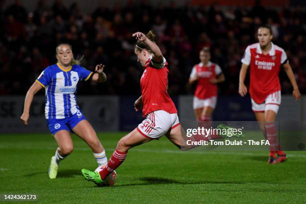 Kim Little of Arsenal scores their sides first goal during the FA Women's Super League match between Arsenal WFC and Brighton & Hove Albion WFC at...