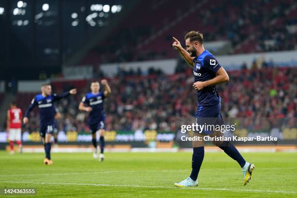 Lucas Tousart of Hertha Berlin celebrates after scoring their sides first goal during the Bundesliga match between 1. FSV Mainz 05 and Hertha BSC at...