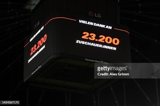 The total attendance of 23 000 spectators is seen on the screen setting a new record for a German Women's Bundesliga match during the FLYERALARM...