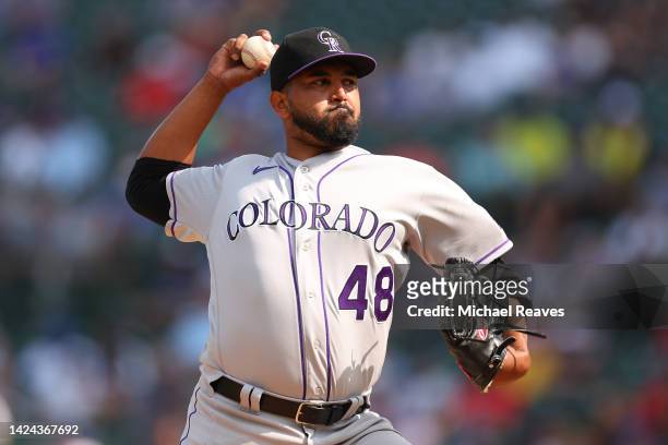 German Marquez of the Colorado Rockies delivers a pitch against the Chicago Cubs during the second inning at Wrigley Field on September 16, 2022 in...