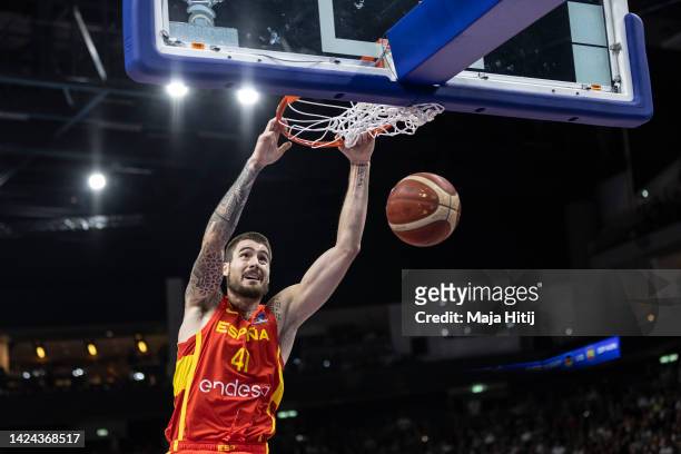 Juancho Hernangomez of Spain dunks the ball during the FIBA EuroBasket 2022 semi-final match between Germany and Spain at EuroBasket Arena Berlin on...