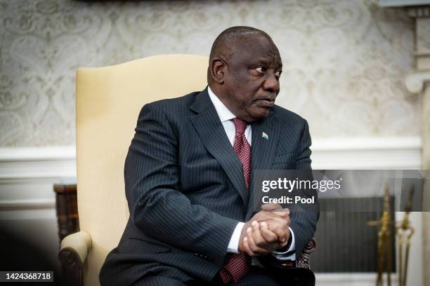 South African President Cyril Ramaphosa speaks during a bilateral meeting with U.S. President Joe Biden in the Oval Office of the White House on...