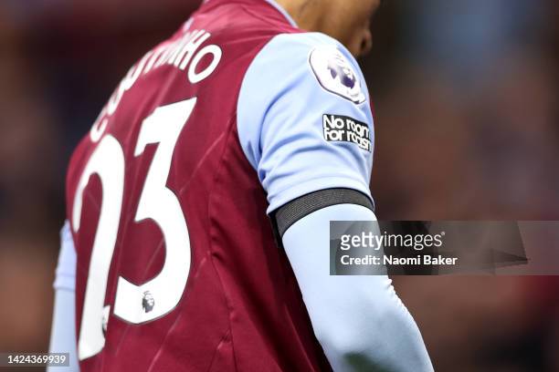 Black armband in seen on the sleeve of Philippe Coutinho of Aston Villa as a mark of respect to Her Majesty Queen Elizabeth II who died at Balmoral...