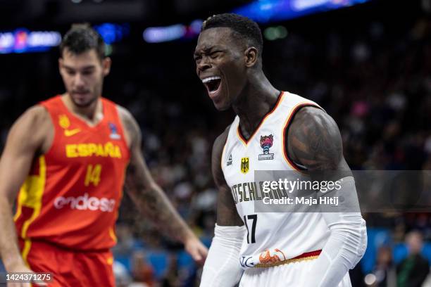 Dennis Schroder of Germany reacts during the FIBA EuroBasket 2022 semi-final match between Germany and Spain at EuroBasket Arena Berlin on September...