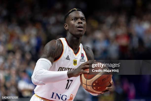 Dennis Schroder of Germany shoots the ball during the FIBA EuroBasket 2022 semi-final match between Germany and Spain at EuroBasket Arena Berlin on...