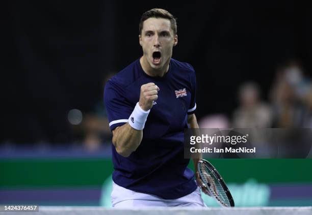 Joe Salisbury of Great Britain reacts with passion in the first set during the Davis Cup Group D match between Great Britain and Netherlands at...