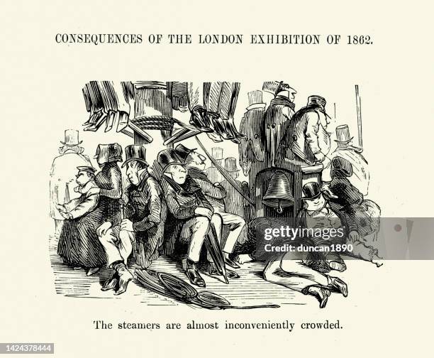 stockillustraties, clipart, cartoons en iconen met vintage cartoon by gustave dore, passengers crowded on cross channel ferries from france, consequences of the london exhibition of 1862 - satire