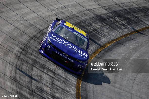 Landon Cassill, driver of the Voyager: Crypto for All Chevrolet, drives during practice for the NASCAR Xfinity Series Food City 300 at Bristol Motor...