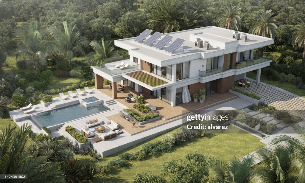 Digitally Generated Image Of A Big Beautiful Villa With Pool And Garden ...