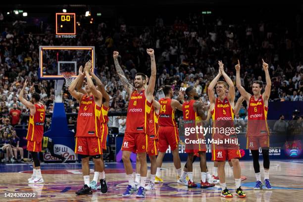 Players of Spain celebrate after winning the FIBA EuroBasket 2022 semi-final match between Germany and Spain at EuroBasket Arena Berlin on September...