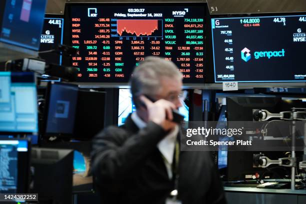 Traders work on the floor of the New York Stock Exchange on September 16, 2022 in New York City. The Dow Jones Industrial Average fell again on...