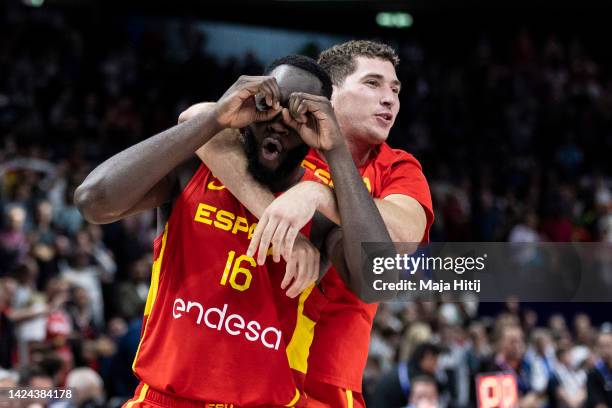 Joel Parra and Usman Garuba celebrate after winning the FIBA EuroBasket 2022 semi-final match between Germany and Spain at EuroBasket Arena Berlin on...