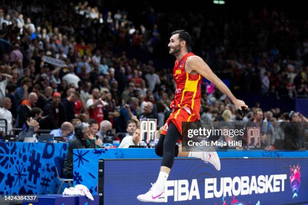 Rodolfo Fernandez celebrates after winning the FIBA EuroBasket 2022 semi-final match between Germany and Spain at EuroBasket Arena Berlin on...