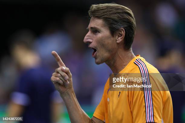 Paul Haarhuis, captain of Netherlands gestures in the second set during the Davis Cup Group D match between Great Britain and Netherlands at Emirates...