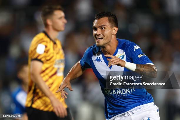 Flavio Junior Bianchi of Brescia Calcio celebrates after scoring his side's first goal of the match at Stadio Mario Rigamonti on September 16, 2022...