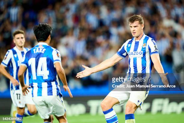 Alexander Sorloth of Real Sociedad celebrates after scoring their side's second goal during the UEFA Europa League group E match between Real...