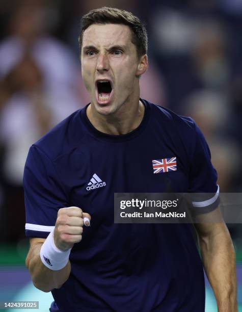 Joe Salisbury of Great Britain reacts with passion in the third set during the Davis Cup Group D match between Great Britain and Netherlands at...