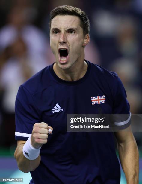 Joe Salisbury of Great Britain reacts with passion in the third set during the Davis Cup Group D match between Great Britain and Netherlands at...