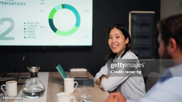 junge geschäftsfrau bei geschäftstreffen im besprechungsraum im modernen büroarbeitsbereich - happy corporate people with screen stock-fotos und bilder