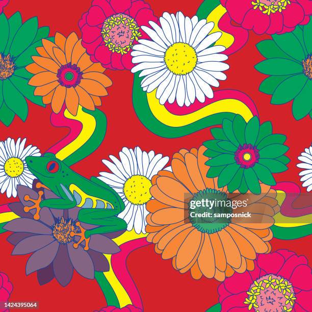 groovy retro 1960s 70s seamless floral pattern or background with frog - tree frog stock illustrations
