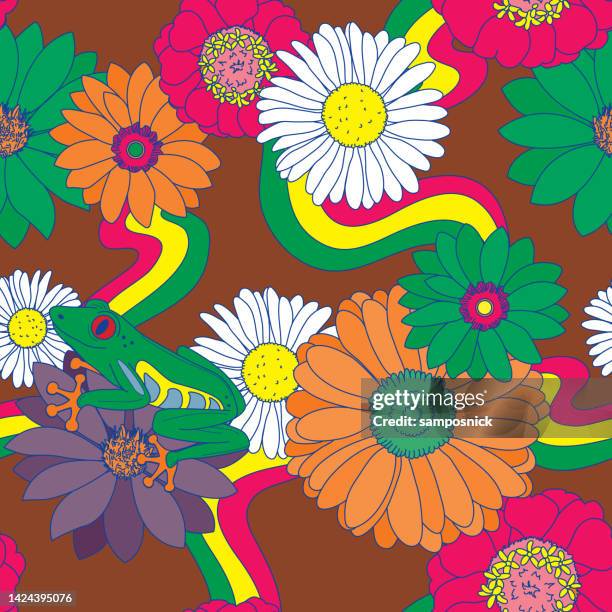 groovy retro 1960s 70s seamless floral pattern or background with frog - tree frog stock illustrations