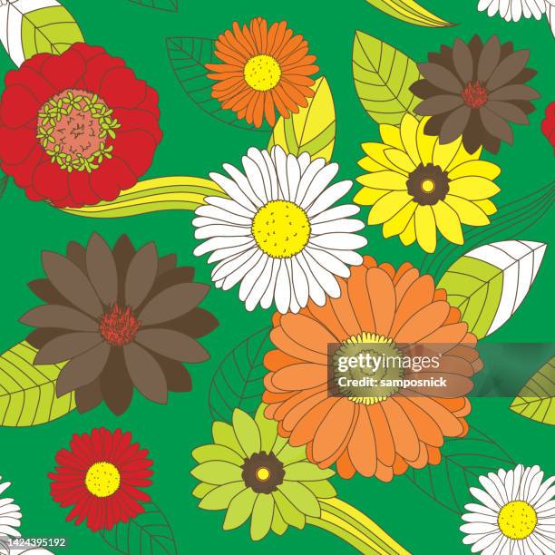 groovy retro 1960s 70s seamless floral pattern - lsd stock illustrations