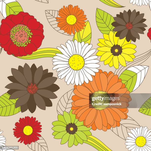 groovy retro 1960s 70s seamless floral pattern - autumn 70 90 stock illustrations