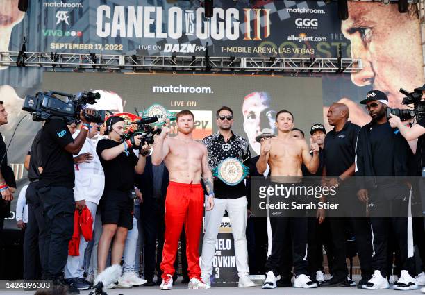 Canelo Alvarez of Mexico and Gennadiy Golovkin of Kazakhstan pose during their ceremonial weigh-in at Toshiba Plaza on September 16, 2022 in Las...