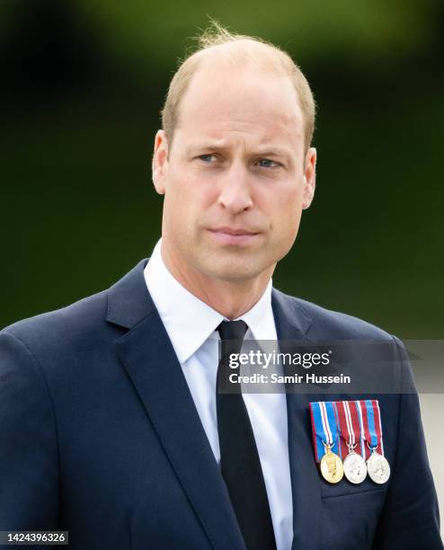 Prince William, Prince of Wales meets with military personnel during a visit to Army Training Centre Pirbright on September 16, 2022 in Guildford,...