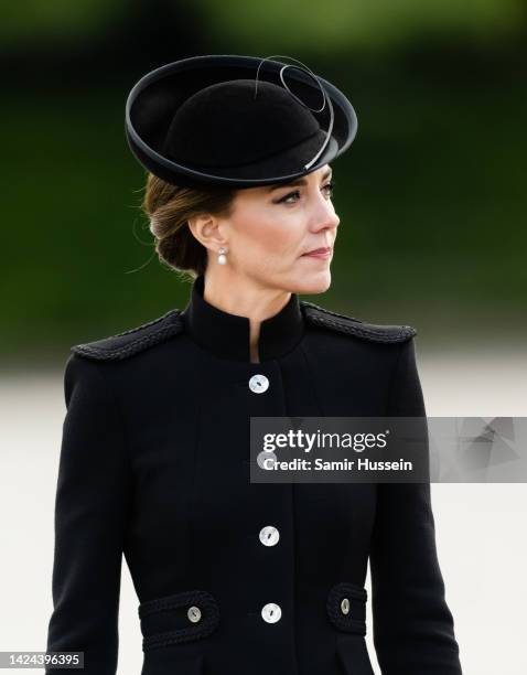 Catherine, Princess of Wales meets with military personnel during a visit to Army Training Centre Pirbright on September 16, 2022 in Guildford,...