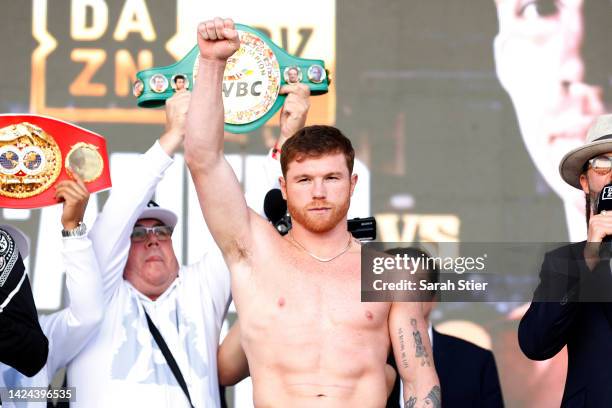 Canelo Alvarez of Mexico poses during their ceremonial weigh-in at Toshiba Plaza on September 16, 2022 in Las Vegas, Nevada. Alvarez will meet...