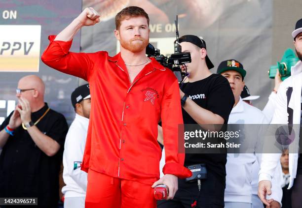 Canelo Alvarez of Mexico poses during their ceremonial weigh-in at Toshiba Plaza on September 16, 2022 in Las Vegas, Nevada. Alvarez will meet...