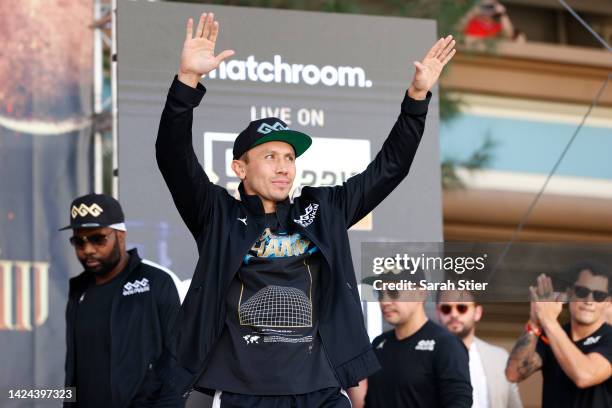 Gennadiy Golovkin of Kazakhstan reacts during their ceremonial weigh-in at Toshiba Plaza on September 16, 2022 in Las Vegas, Nevada. Golovkin will...