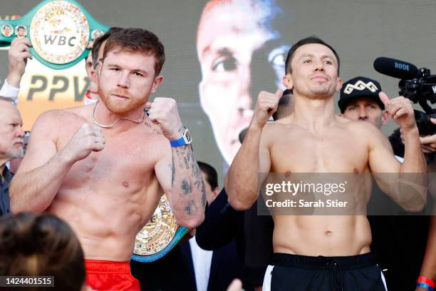 Canelo Alvarez of Mexico and Gennadiy Golovkin of Kazakhstan pose during their ceremonial weigh-in at Toshiba Plaza on September 16, 2022 in Las...