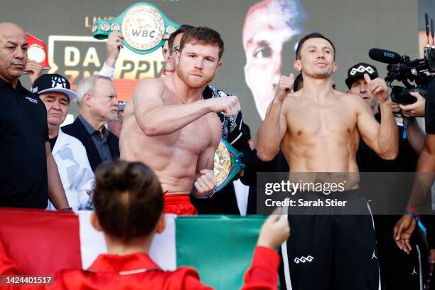 Canelo Alvarez of Mexico and Gennadiy Golovkin of Kazakhstan pose during their ceremonial weigh-in at Toshiba Plaza on September 16, 2022 in Las...