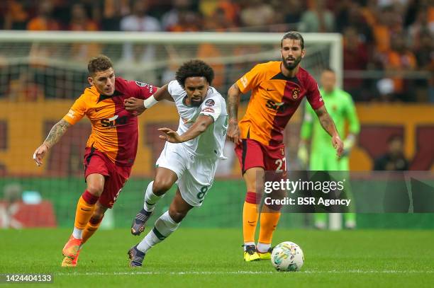 Lucas Torreira of Galatasaray, Bruno Paz of Konyaspor, Sergio Oliveira of Galatasaray during the Turkish Super Lig match between Galatasaray and...