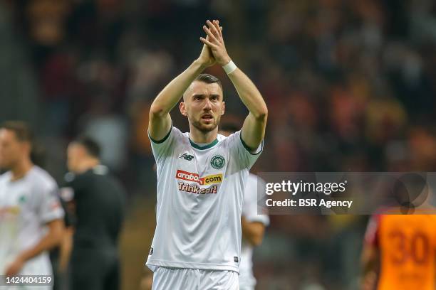 Zymer Bytyqi of Konyaspor during the Turkish Super Lig match between Galatasaray and Konyaspor at Stadion NEF Stadyumu on September 16, 2022 in...