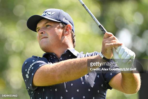 Patrick Reed of 4 Aces GC plays his shot from the sixth tee during Day One of the LIV Golf Invitational - Chicago at Rich Harvest Farms on September...