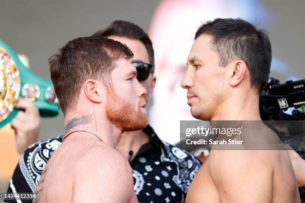 Canelo Alvarez of Mexico and Gennadiy Golovkin of Kazakhstan pose during their ceremonial weigh-in at Toshiba Plaza on September 16, 2022 in Las...