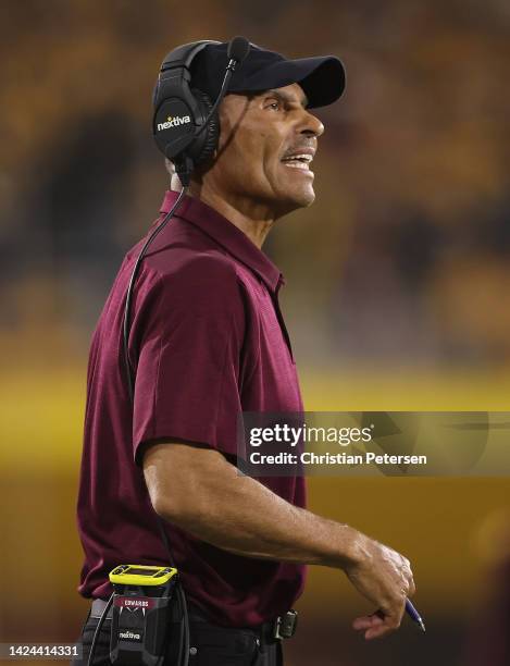 Head coach Herm Edwards of the Arizona State Sun Devils reacts during the first half of the NCAAF game against the Northern Arizona Lumberjacks at...