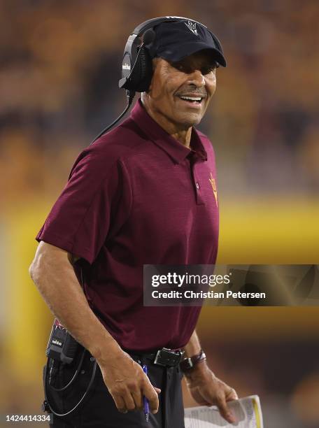 Head coach Herm Edwards of the Arizona State Sun Devils reacts during the first half of the NCAAF game against the Northern Arizona Lumberjacks at...