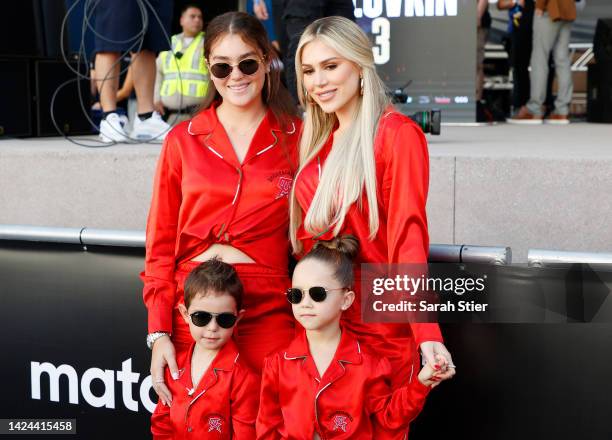 Family of Canelo Alvarez including Emily Cinnamon Alvarez, Fernanda Gomez, Saúl Adiel Álvarez, and María Fernanda Álvarez pose prior to a ceremonial...