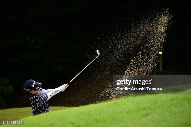 Asuka Ishikawa of Japan hits out from a bunker on the 10th hole during the second round of Sumitomo Life Vitality Ladies Tokai Classic at Shin Minami...