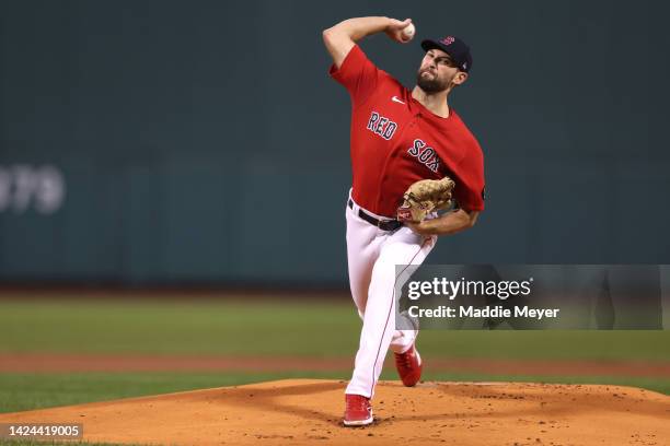 Starting pitcher Michael Wacha of the Boston Red Sox throws against the Kansas City Royals during the first inning at Fenway Park on September 16,...