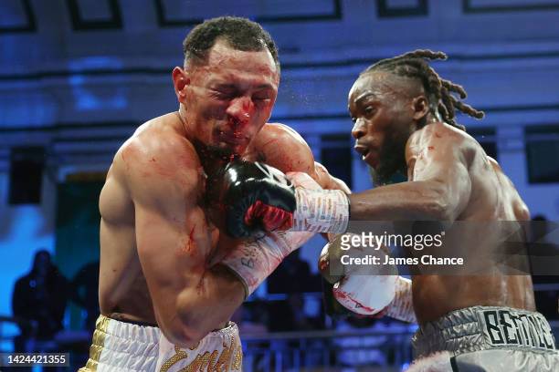 Denzel Bentley punches Marcus Morrison during the British Middleweight Title fight between Denzel Bentley and Marcus Morrison at York Hall on...