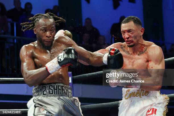 Denzel Bentley and Marcus Morrison exchange punches during the British Middleweight Title fight between Denzel Bentley and Marcus Morrison at York...