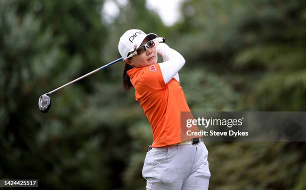Ayako Uehara of Japan hits her tee shot on the 11th hole during round two of the AmazingCre Portland Classic at Columbia Edgewater Country Club on...