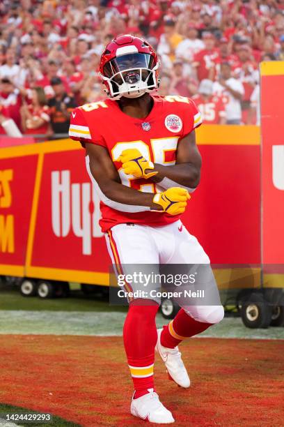 Clyde Edwards-Helaire of the Kansas City Chiefs runs onto the field during introductions against the Los Angeles Chargers at GEHA Field at Arrowhead...