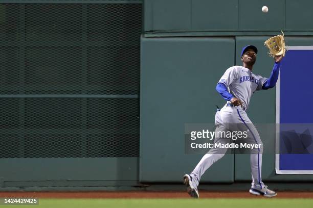 Michael A. Taylor of the Kansas City Royals catches a fly ball hit by Tommy Pham of the Boston Red Sox during the sixth inning at Fenway Park on...