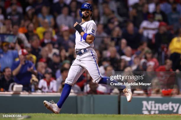 Melendez of the Kansas City Royals scores a run against the Boston Red Sox during the sixth inning at Fenway Park on September 16, 2022 in Boston,...